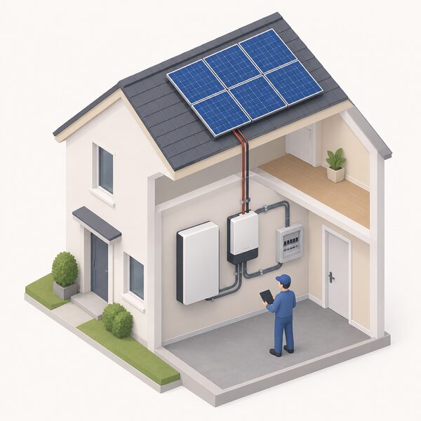 A wall-mounted home battery storage unit with its inverter installed indoors in a utility space, connected by cabling that runs up toward the rooftop solar panels, with a simplified isometric figure inspecting the installation.