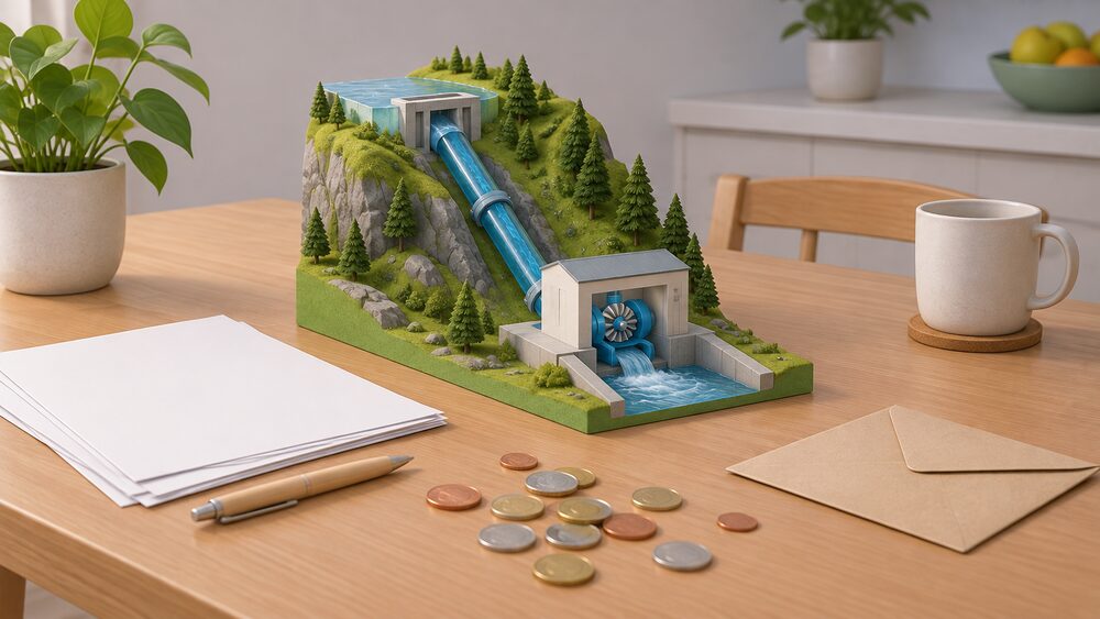 A small model of a hydro plant with a water pipe running down to a turbine sits on a kitchen table beside blank paperwork, a plain envelope and a scatter of coins, suggesting a household working out what joining a local energy club could save.
