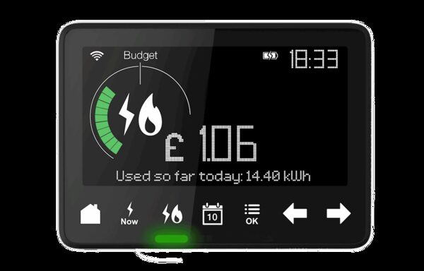 A black smart meter in-home display showing today's energy cost of £1.06, usage of 14.40 kWh, budget gauge and time 18:33