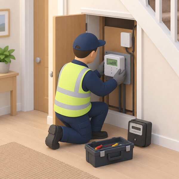 An installer kneeling indoors beside a home's electricity meter box, fitting a new smart meter into the meter unit with the old meter set aside, tools and the meter's communication unit nearby, in a plain hallway or under-stairs meter cupboard of a house.