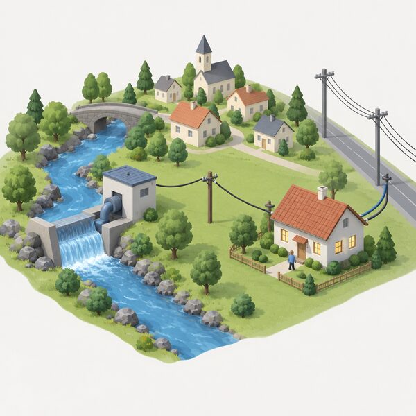 A simplified isometric village scene showing a small hydro generator on a stream sending power along a local line to a nearby house, with a second line from the wider grid also entering the house to top up supply when hydro output is short.
