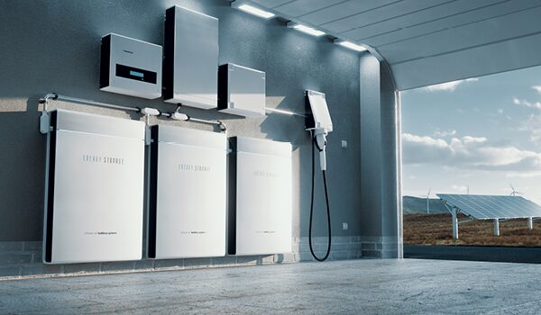 Wall-mounted home battery storage units, inverter and EV charger in a garage with solar panels and wind turbines visible outside