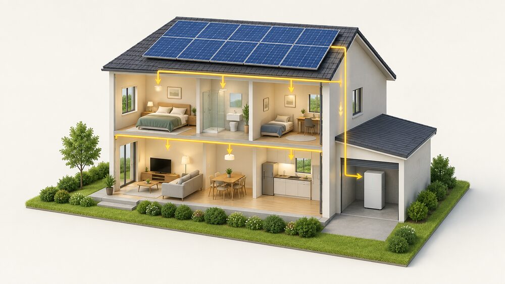 A cutaway house with solar panels on the roof and a home battery standing in the garage, connected so that power from the panels flows down into the battery and into the rooms of the house.