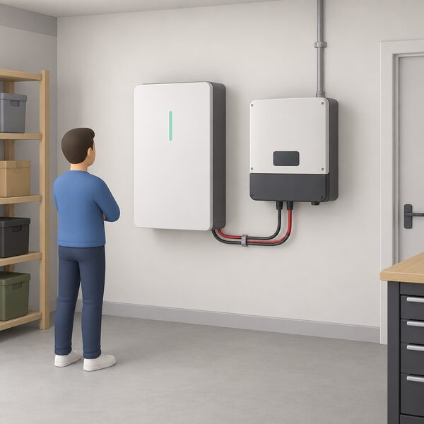 A wall-mounted home battery unit installed indoors next to a solar PV inverter on the same wall, with simple cabling between the two units and a conduit running up toward the ceiling, shown in a plain utility or garage interior.