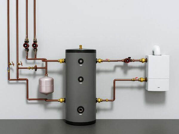 A grey hot water cylinder connected by copper pipework to a wall-mounted boiler and expansion vessel, likely a 3D render