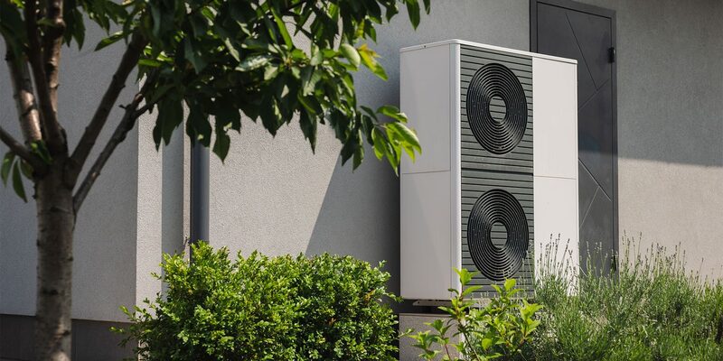An air source heat pump unit mounted on the exterior wall of a house beside a door, with shrubs and a tree in the foreground