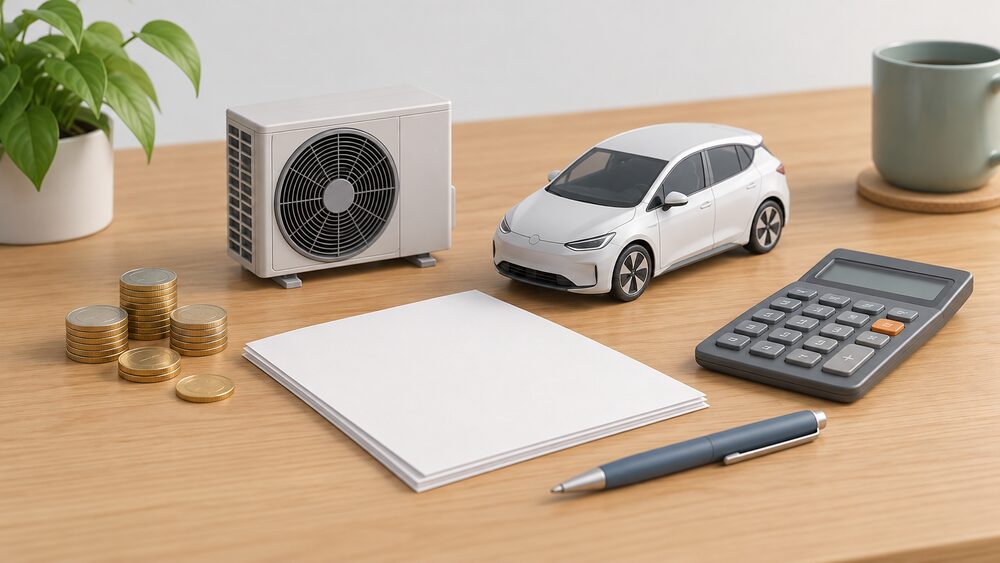 A small model of an air source heat pump fan unit and a model electric car beside blank paperwork, a calculator and a few coins on a wooden table, arranged as a household weighing up the switch from imported fuel to domestic electricity.