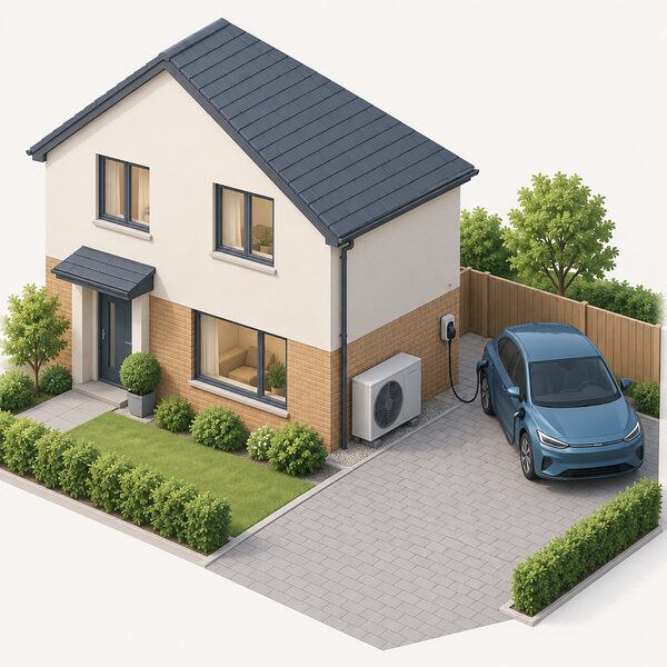 An air source heat pump outdoor fan unit mounted on the ground against the exterior wall of a house, with a driveway beside it where an electric car is parked and connected to a charge point by a cable.