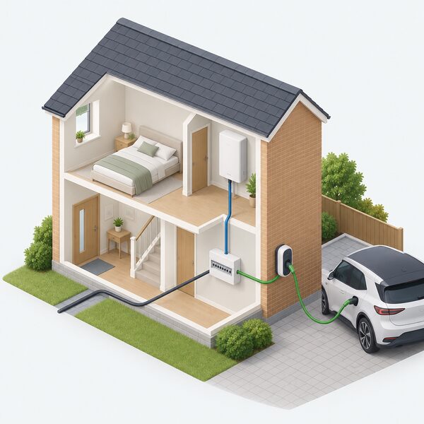 A simplified isometric cutaway of a house showing a consumer unit with two separate circuits running from it, one to a heat pump indoor unit on an inside wall and one to an electric vehicle charge point on the outside wall, both fed from the same incoming electricity supply.