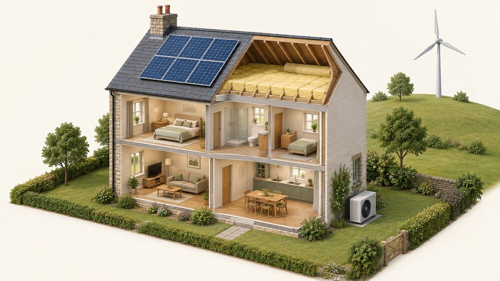 A cutaway view of a village house with solar panels on its roof, an air source heat pump fan unit standing on the ground outside an external wall, and loft insulation laid between and over the joists in the roof space, with a small wind turbine on a nearby rise.