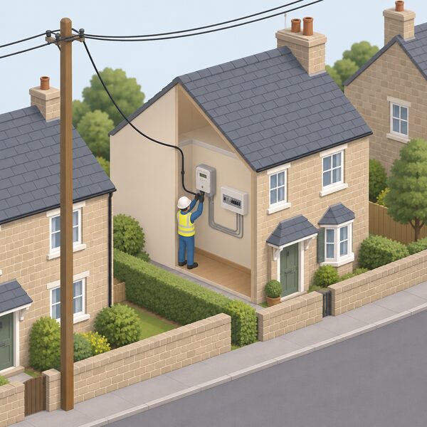 An ordinary village street where a small isometric figure connects a home's electricity cable at the meter to the incoming national grid supply line running along the street, showing the house remains wired to the network rather than off-grid.