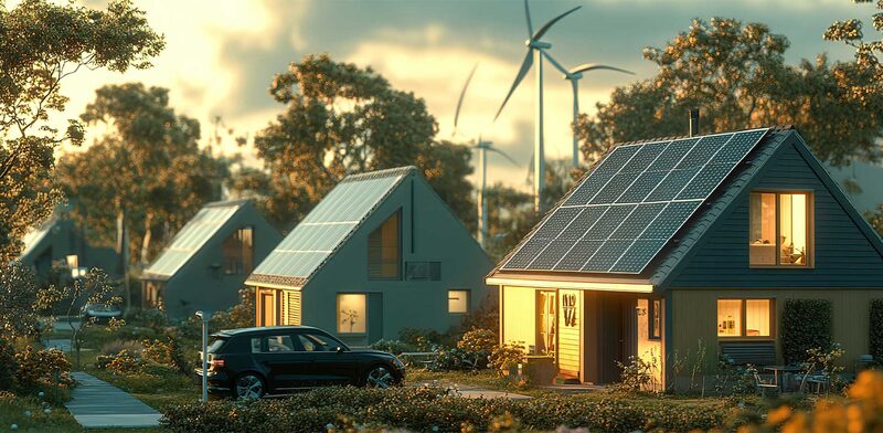 A rendered eco-village of houses with rooftop solar panels, wind turbines behind, and an electric car parked outside