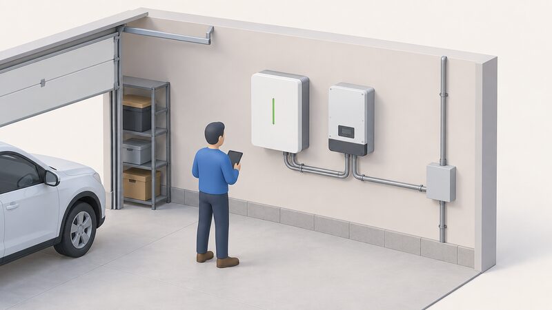 A garage wall with a wall-mounted AC-coupled battery unit installed beside an existing solar inverter, both units linked by conduit to a shared AC connection point, with a simplified isometric figure checking the installation.