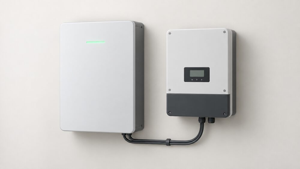 A close-up of an AC-coupled battery unit mounted on an indoor wall directly beside an existing solar inverter, the two separate boxes side by side with a cable run between them, nothing else in view.