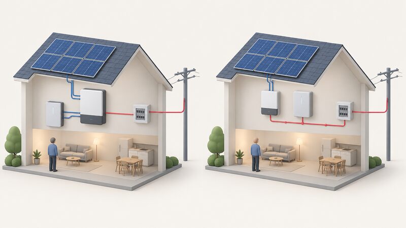 A side-by-side diagram: on the left a single hybrid inverter box linking solar panels and a battery on the DC side before the grid connection; on the right a separate battery unit beside an existing solar inverter, both connecting into the home's AC supply after the inverter.