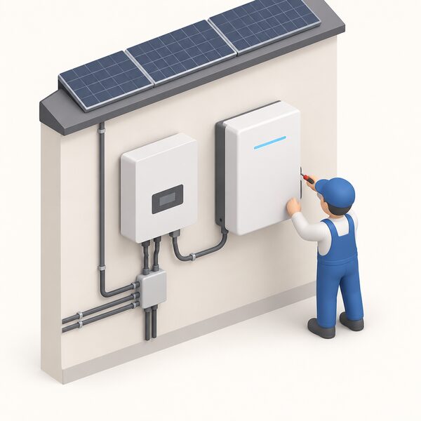 A small isometric installer fitting an AC-coupled battery cabinet on a wall beside an existing solar inverter, with a simple AC connection between the two units and the original wiring left untouched.