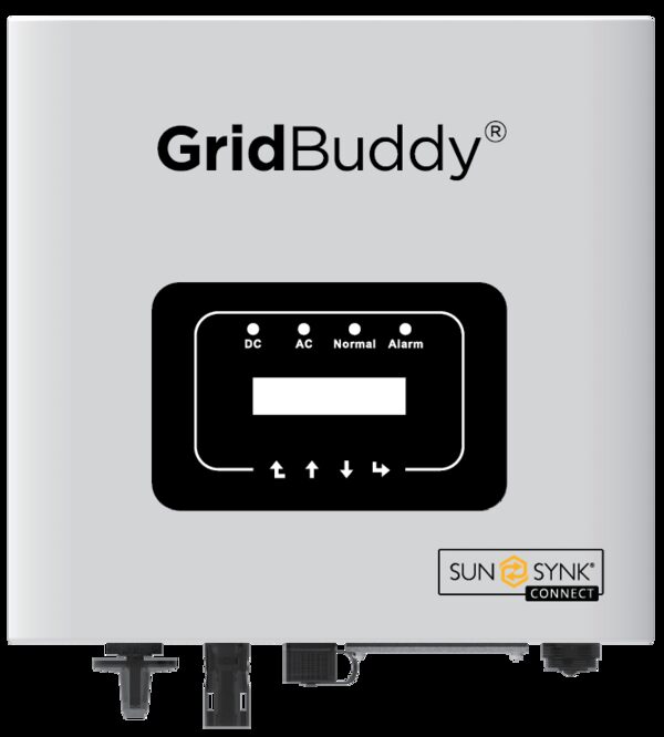 A Sunsynk GridBuddy string inverter, a grey wall-mounted unit with a display panel and connection ports at the bottom