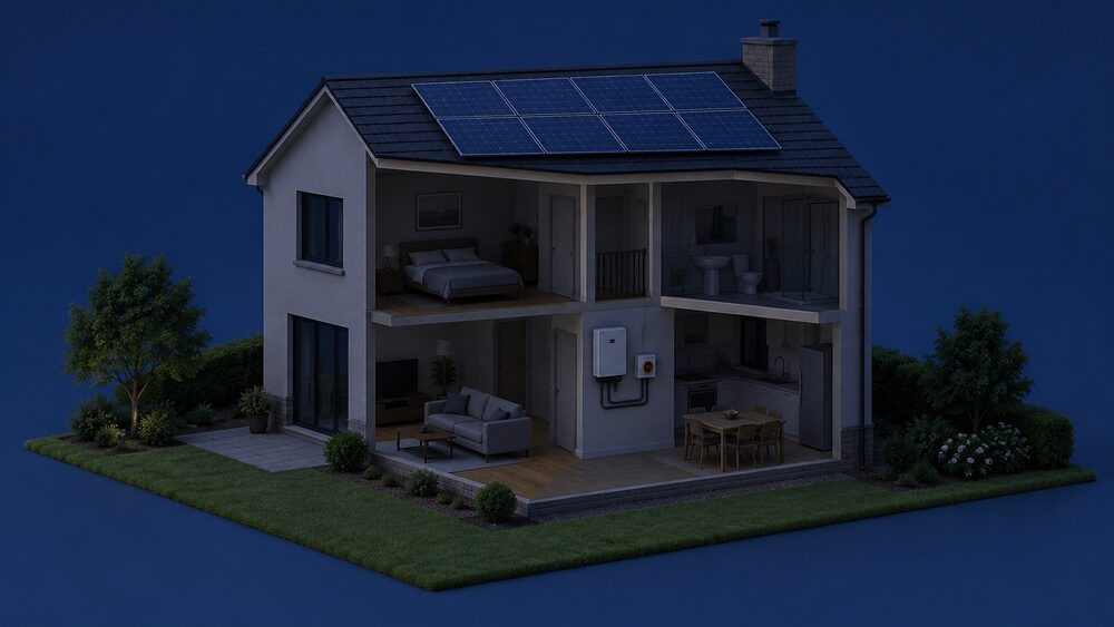 A cutaway house at dusk during a power cut, with dark windows, rooftop solar panels on the roof, and a grid-tied inverter with an isolation switch mounted on an inside wall, all switched off and unlit.