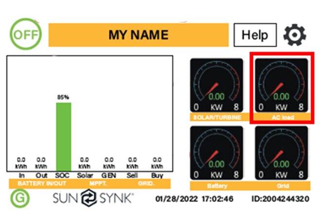 A screenshot of the Sunsynk inverter monitoring dashboard showing battery SOC bar, solar/turbine, AC load, battery and grid gauges