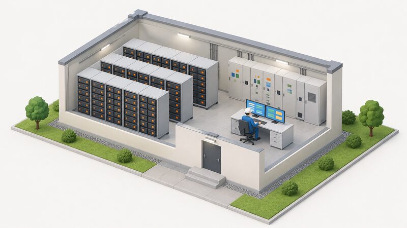 An isometric cutaway of a small equipment building on a community island grid, showing racks of battery storage units beside a control desk with monitoring screens, with a simplified figure of an operator checking the panels.