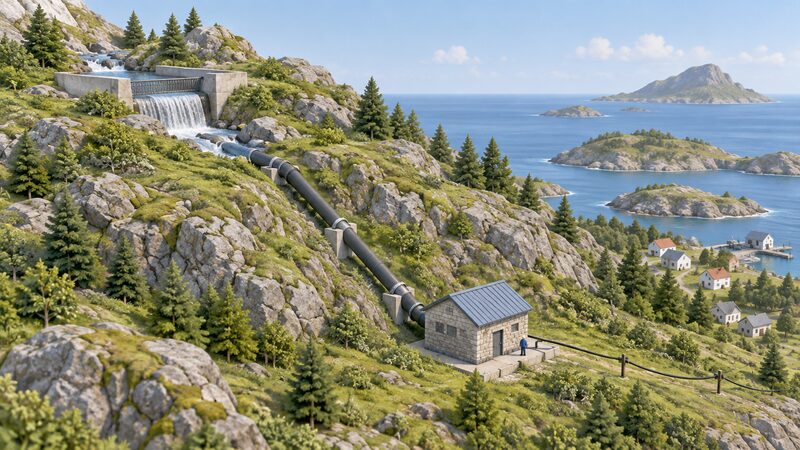 A small hydro intake weir on a rocky island hillside stream feeding a penstock pipe down the slope to a compact stone turbine house, with a cable leaving the building toward the island's community grid.