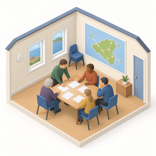 A small group of plain-clothed community members, including a simplified isometric figure or two, gathered around a table in a modest island hall, discussing papers about running their community-owned electricity grid, with a simple map of the island grid on the wall behind them.