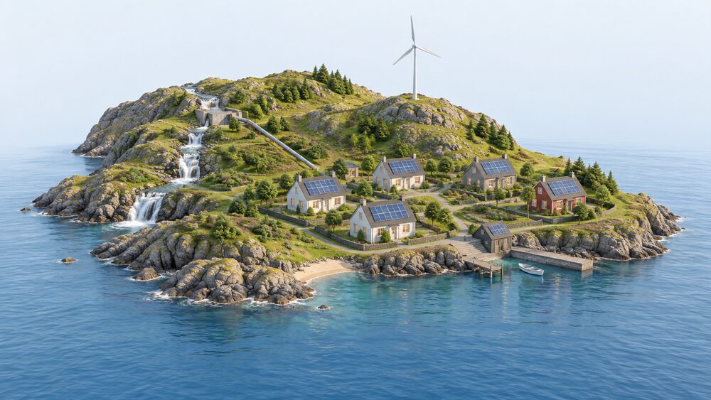 A small island community seen from the sea, with a whole island grid: solar panels on house roofs, a wind turbine on a rise behind the houses, and a small hydro intake and pipeline on a hillside stream, all feeding the clustered island homes.