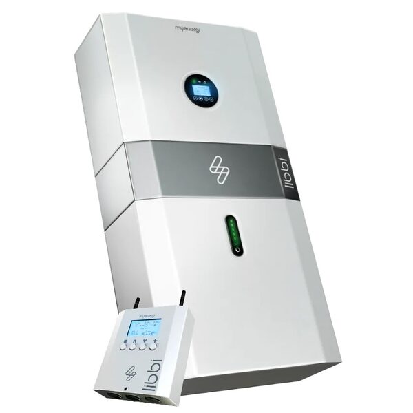 A white myenergi libbi home battery storage unit with a small matching controller device in front of it