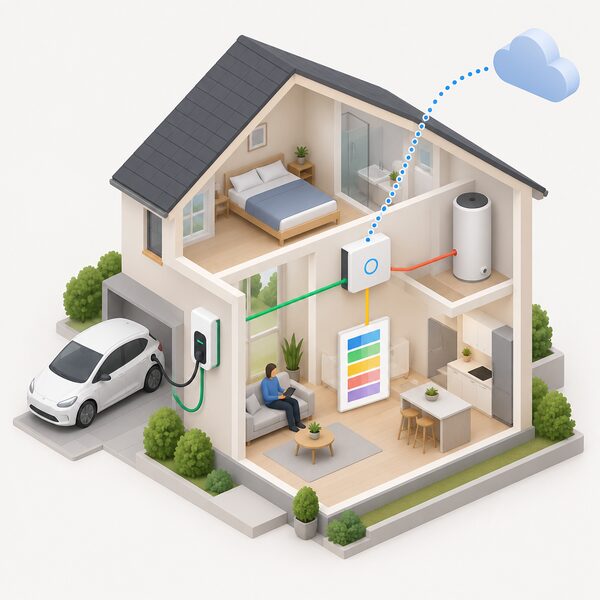 A simplified isometric cutaway of a home with a smart energy hub, EV charger and hot water cylinder, each linked by lines to a printed record sheet showing plain colour bands, while a dotted line runs from the hub out of the house toward a cloud symbol.