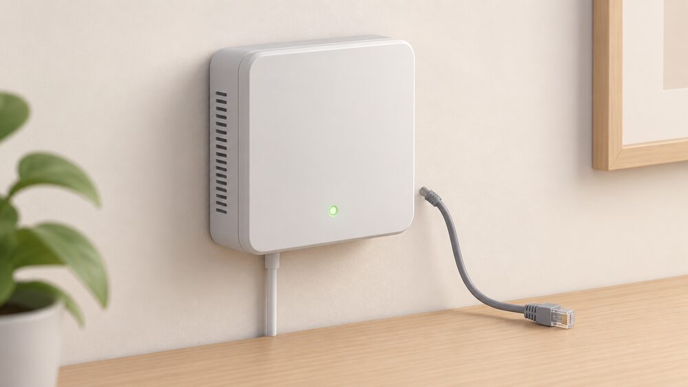 A close-up of a home energy management hub box mounted on an interior wall, with its network cable pulled out and lying loose beside it, and a small indicator light still glowing on the hub to show it keeps working locally without the connection.