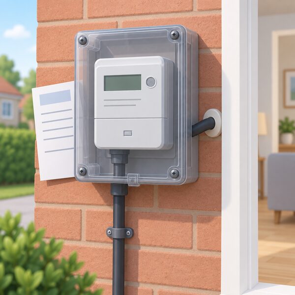 A close-up of a domestic electricity meter in its translucent enclosure mounted on an external house wall, with the incoming supply cable entering from below and an outgoing cable running through the wall into the house, a plain bill tucked beside it.