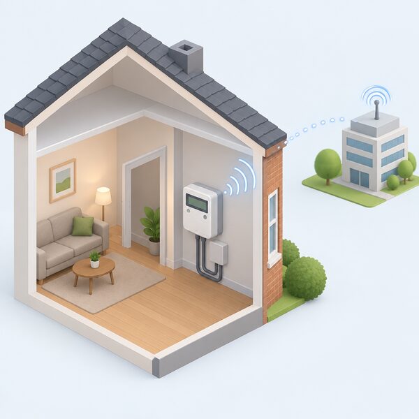 A smart meter mounted indoors on a wall of a home, shown in a simple cutaway view, with a small signal travelling from it outwards to represent the automatic half-hourly readings being sent to the supplier.