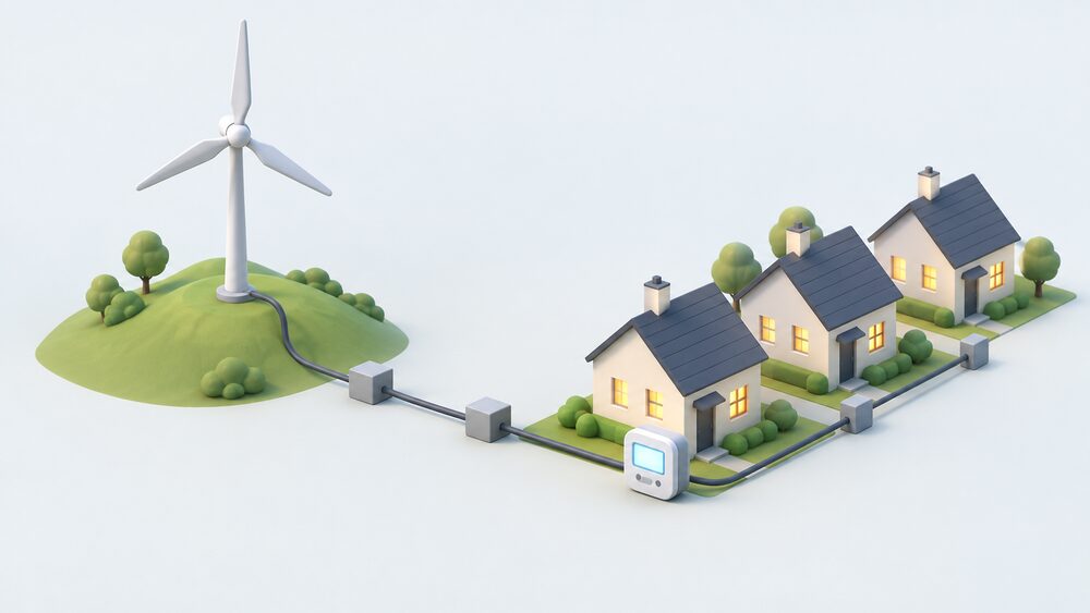 A small model of a community wind turbine on a hill stands beside a row of simple model houses, joined by a single cable, with a domestic smart meter with a blank glowing display placed in front of the nearest house.