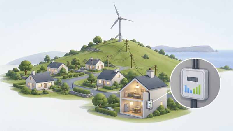 A small community wind turbine on a hillside above a cluster of nearby houses, with simplified power lines running from the turbine down to the homes, one house shown in cutaway with a meter and plain colour bands suggesting half-hourly matching between local generation and household use.