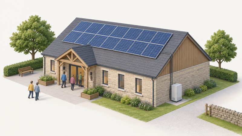 A village hall with a community-owned solar array covering its pitched roof, and a small battery cabinet standing on the ground beside the hall wall, connected by a cable conduit running down from the roof to the cabinet.