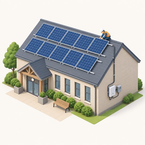 A community-owned rooftop solar installation on a local building such as a village hall or community centre, with rows of panels on the roof, a small isometric figure of an installer securing a panel, and cabling running down to an inverter and meter on an outside wall.