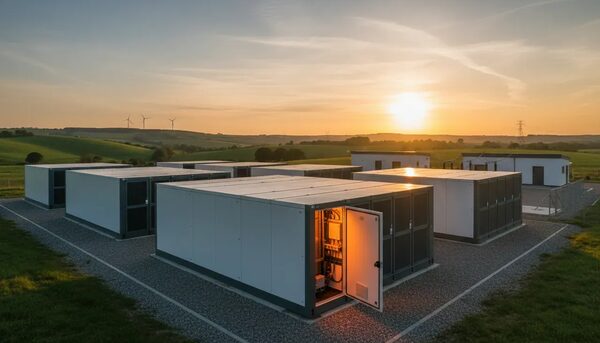 A grid-scale community battery storage site with rows of large white battery containers in a field at sunset, wind turbines in the distance