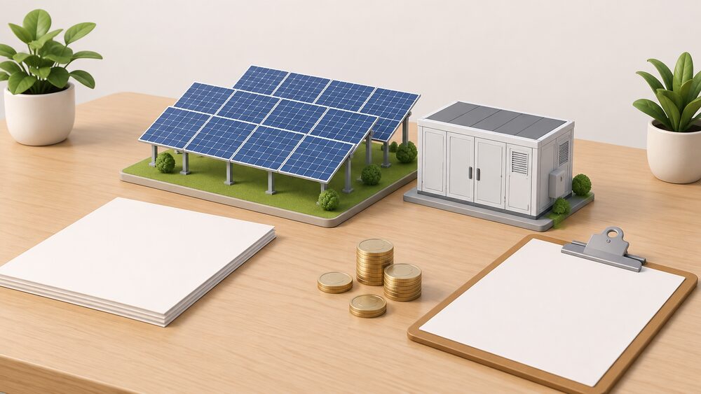 A small model of a community solar generation scheme — a ground-mounted solar array beside a community battery unit — standing on a table next to blank application paperwork, a clipboard and a few coins, suggesting a local project being planned and funded.