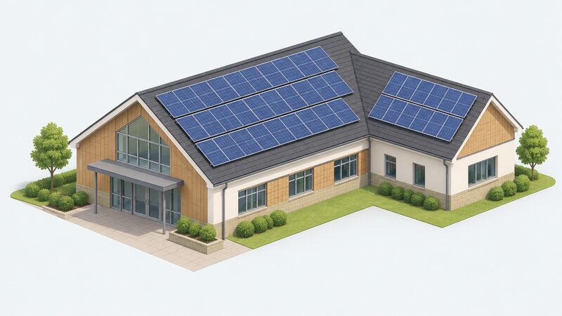 A community building such as a village hall or school with a pitched roof carrying a rooftop solar array laid in neat rows of panels, drawn as a simple isometric scene with no people or equipment beyond the panels themselves.