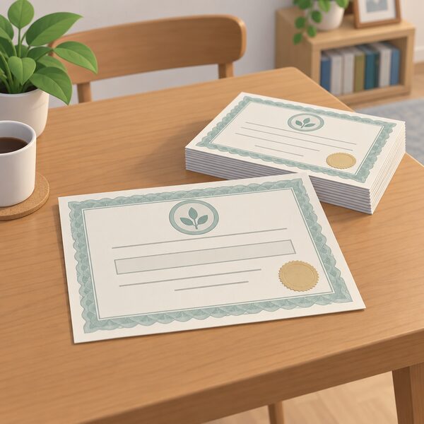 A single share certificate lying flat on a wooden household table, drawn as a physical document with a decorative border, a plain seal emblem and blank ruled lines where details would go, with a small stack of similar certificates beside it suggesting many small investor members.