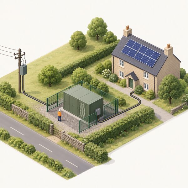 A small community-scale battery storage unit in an outdoor enclosure at the grid edge, connected by cable to a nearby building with rooftop solar PV and to the local electricity network, shown in a simplified isometric view of an Oxfordshire trial setting.