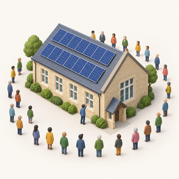 A rooftop solar panel array on a typical Oxfordshire building, with a simplified isometric figure of a local resident standing nearby looking up at the panels, and a ring of many small simplified figures around the building representing the broad base of small investor members who funded it.