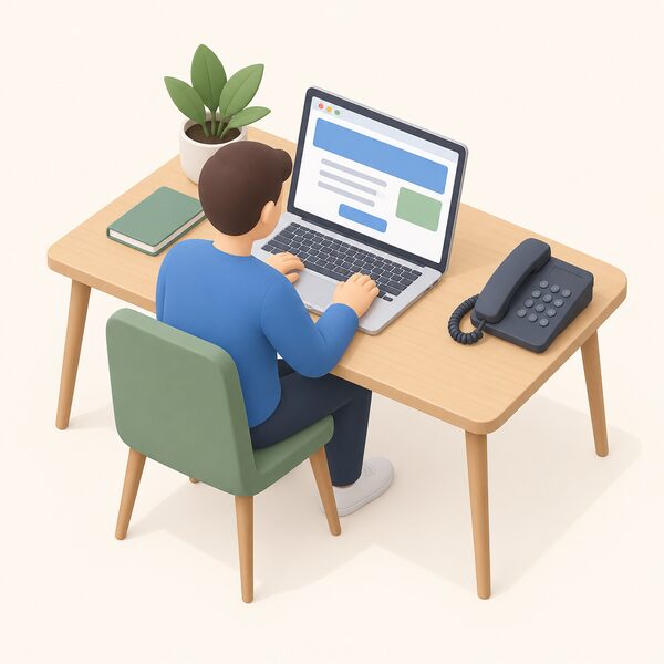 A tidy home desk with an open laptop displaying a website as plain colour blocks and blank lines, a telephone handset resting beside it, and a simplified isometric figure seated using the laptop to make contact.