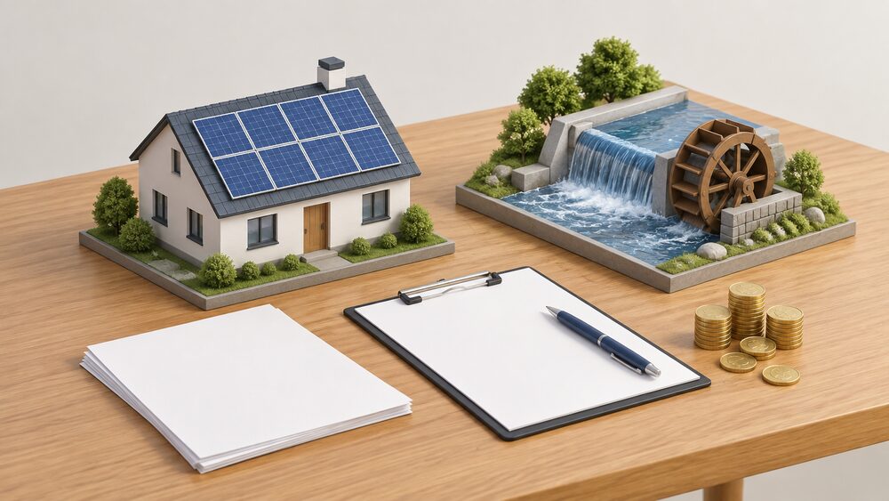 A small model of a rooftop solar array and a model hydro weir with a water wheel sit on a wooden table beside blank paperwork, a clipboard with a pen, and a few coins, suggesting a community investment decision.