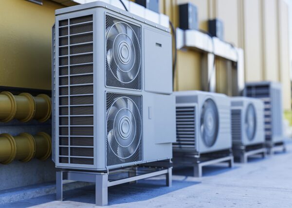 A row of large commercial air source heat pump units installed outside a building
