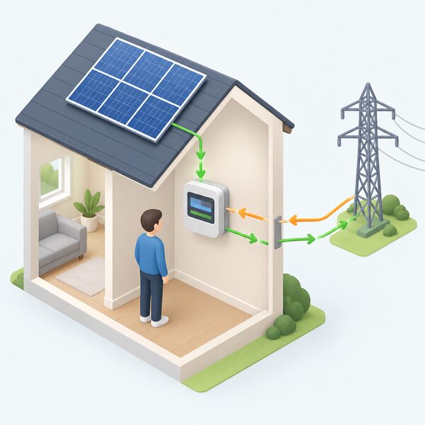 A domestic smart electricity meter mounted on an interior wall of a home, with a simplified isometric figure nearby, showing power flowing in from the grid and surplus solar power flowing back out towards the grid as export.