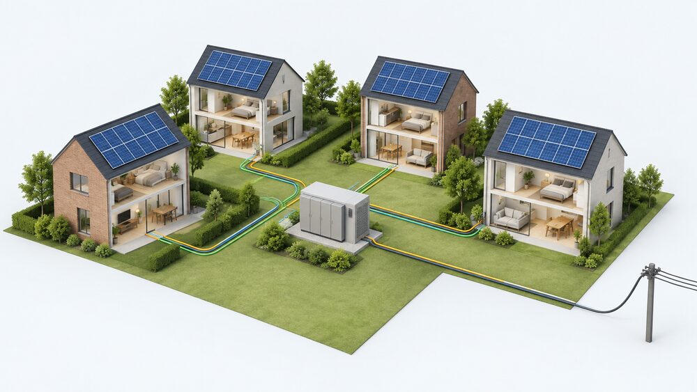 A cutaway street scene of a small group of neighbouring houses, each with rooftop solar panels, connected by private wires to a shared battery storage unit and a local generation source, with a grid connection cable leaving the group toward the wider network.
