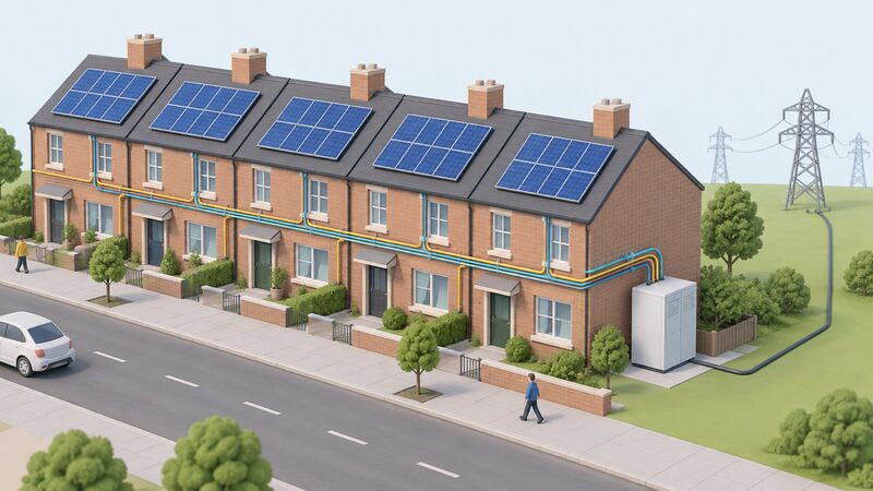 A row of terraced houses each with rooftop solar panels, linked by private wires running along the terrace to a shared battery cabinet standing at the end of the row, with a connection from the cabinet to the wider electricity network.