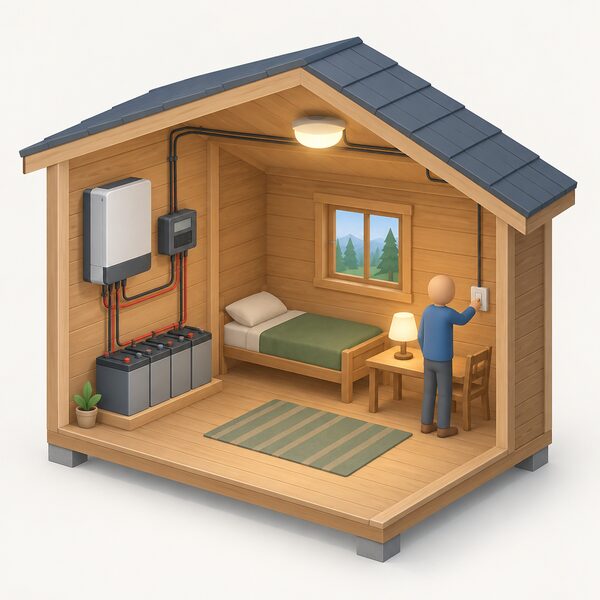 A small isometric cabin interior with a compact off-grid battery charging system on the wall, a battery bank below it and a charge controller, wired to a ceiling light and a small table lamp, with a simplified figure switching on the lamp.