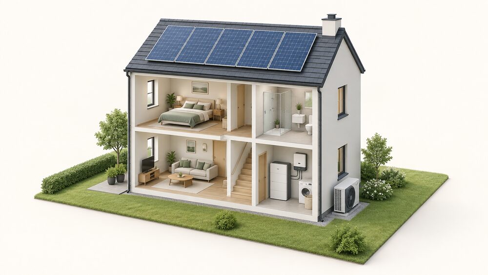 A cutaway of a small detached house showing rooftop solar panels, an air source heat pump unit standing outside on the ground beside an external wall, and a battery with an inverter mounted indoors in a utility space, with no grid cable reaching the house.